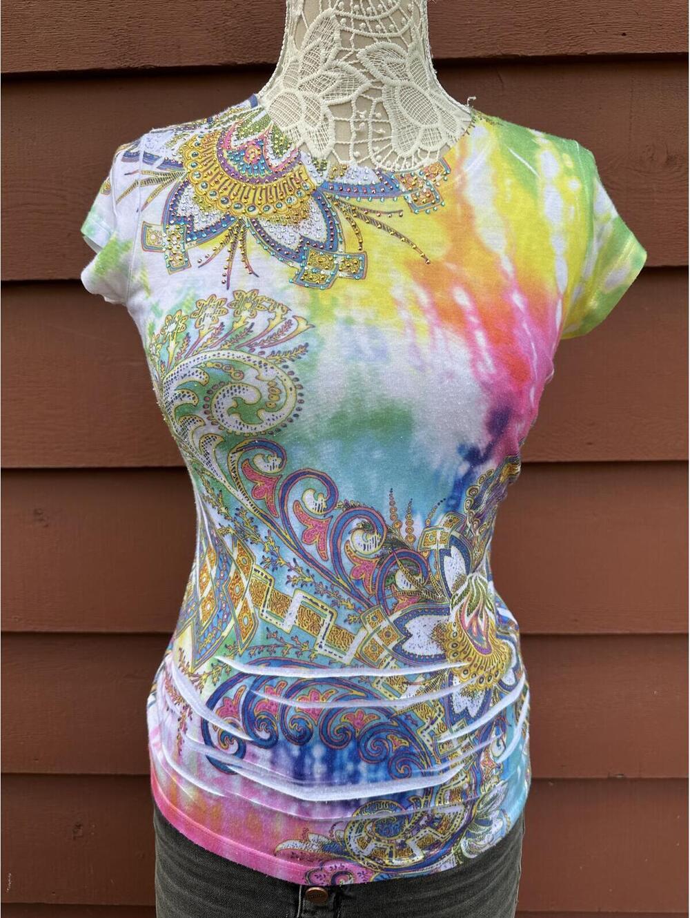 Cache Vibrant Tie Dye Paisley Print Tee